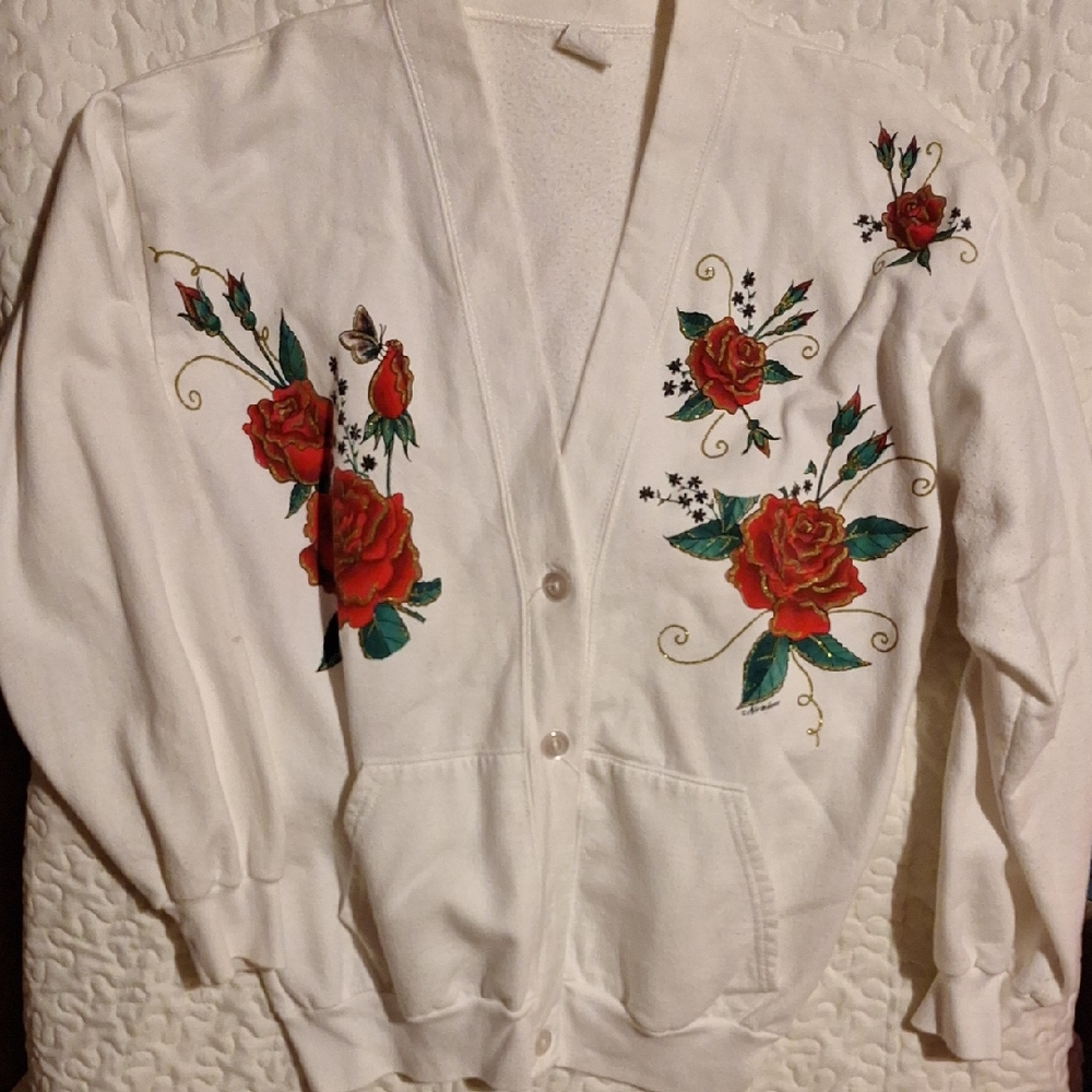 Airwaves White With Rose's Button Down Sweathirt Women's Size L EUC